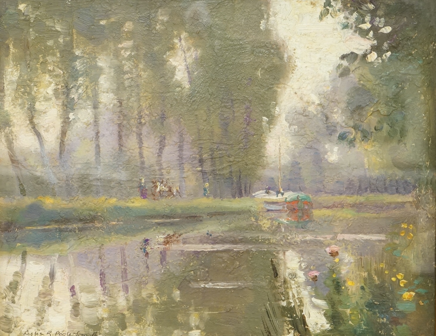 Leslie Poole-Smith (19th / 20th. C), 'French Shady River', signed, impressionist oil on board, 20 x 26cm, gilt framed